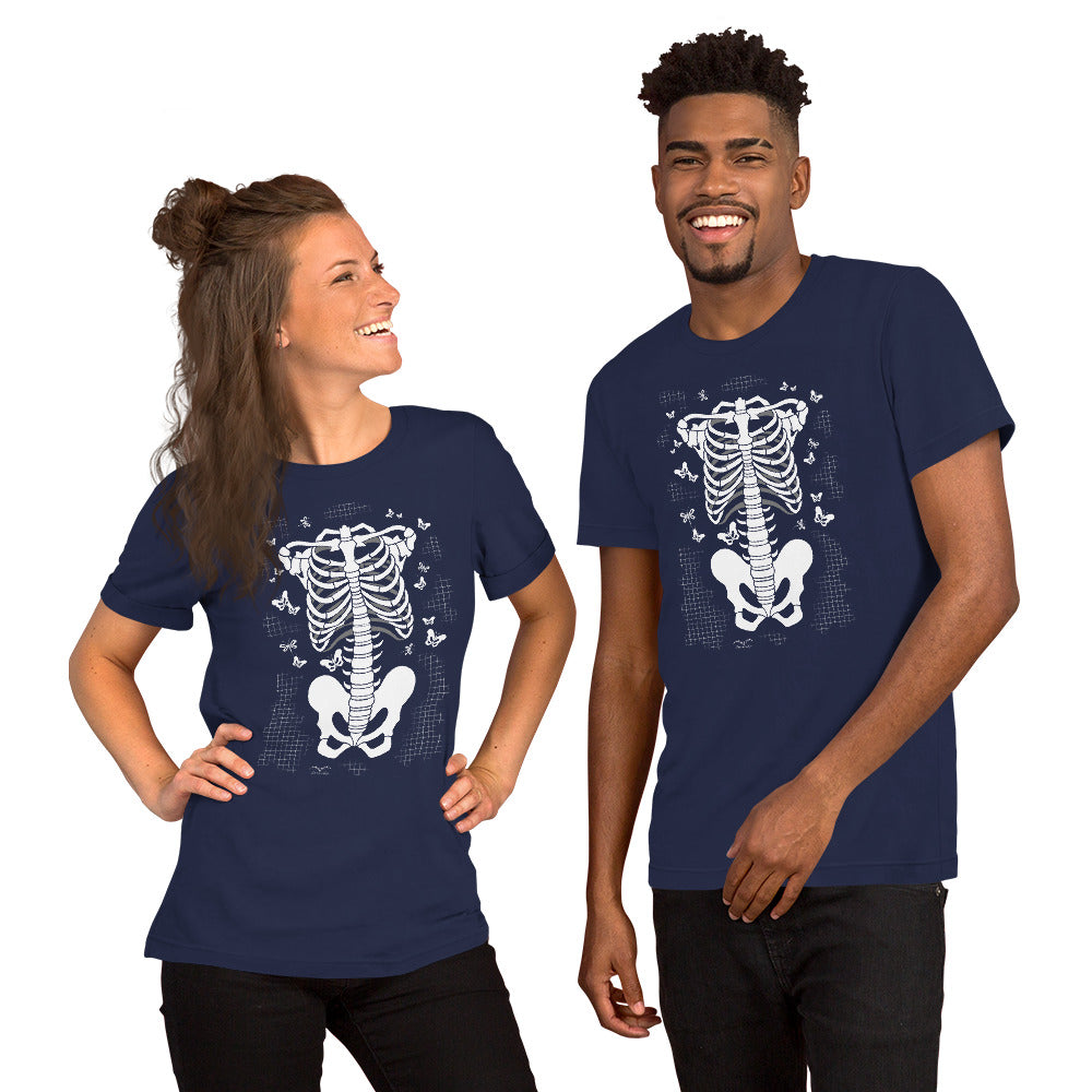 stormseye design skeleton torso gothic T shirt, modelled view navy blue