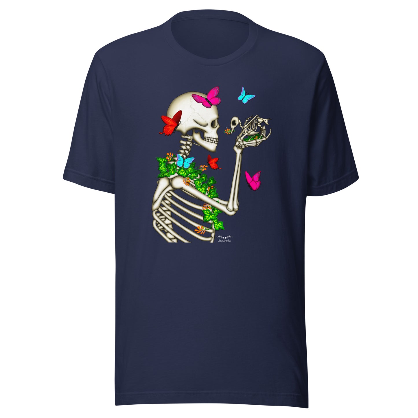 stormseye design skeleton and bird gothic T shirt, flat view navy blue