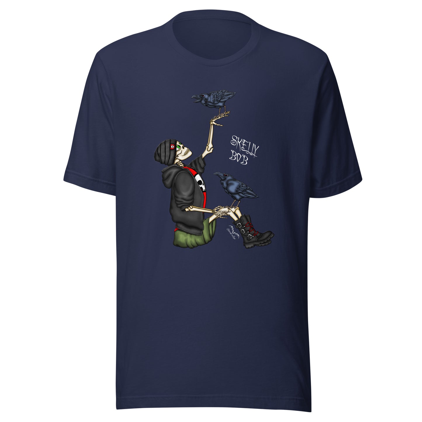 stormseye design rocker skeleton gothic T shirt, flat view navy blue