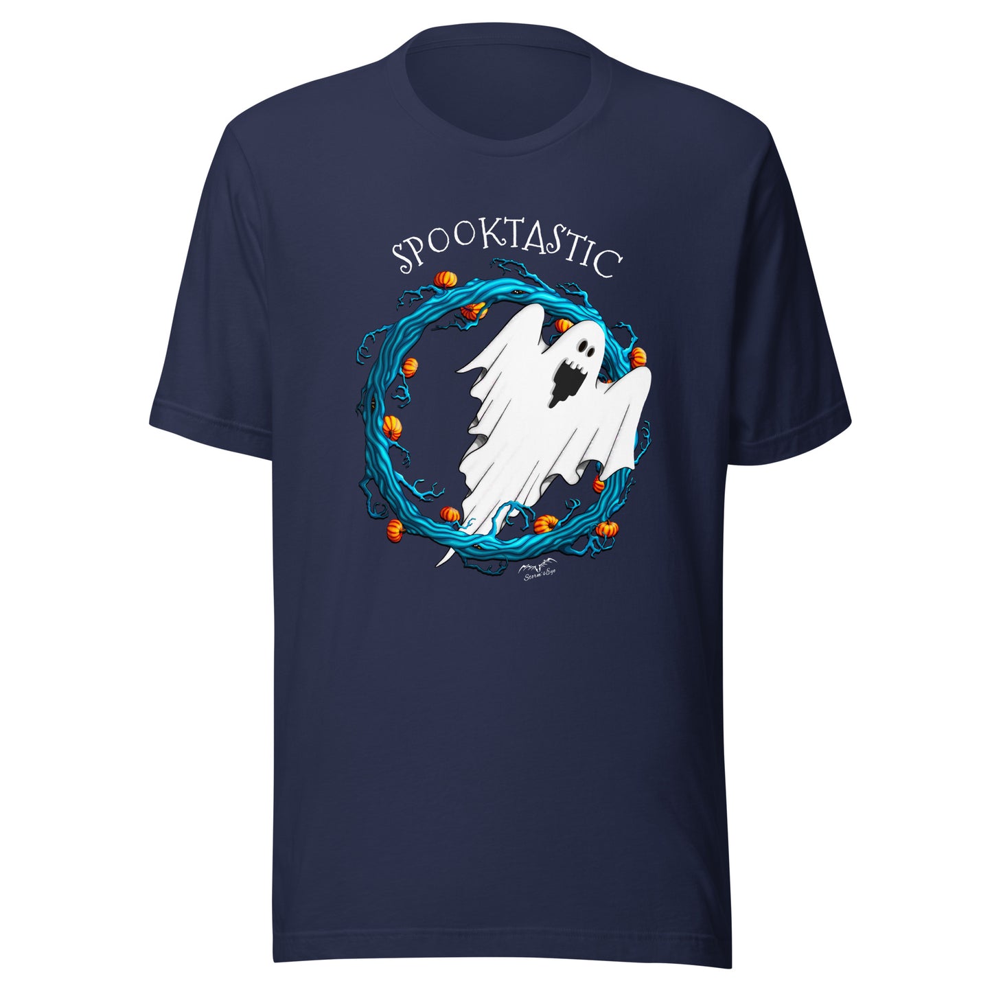 stormseye design halloween ghost spooktastic T shirt flat view navy blue