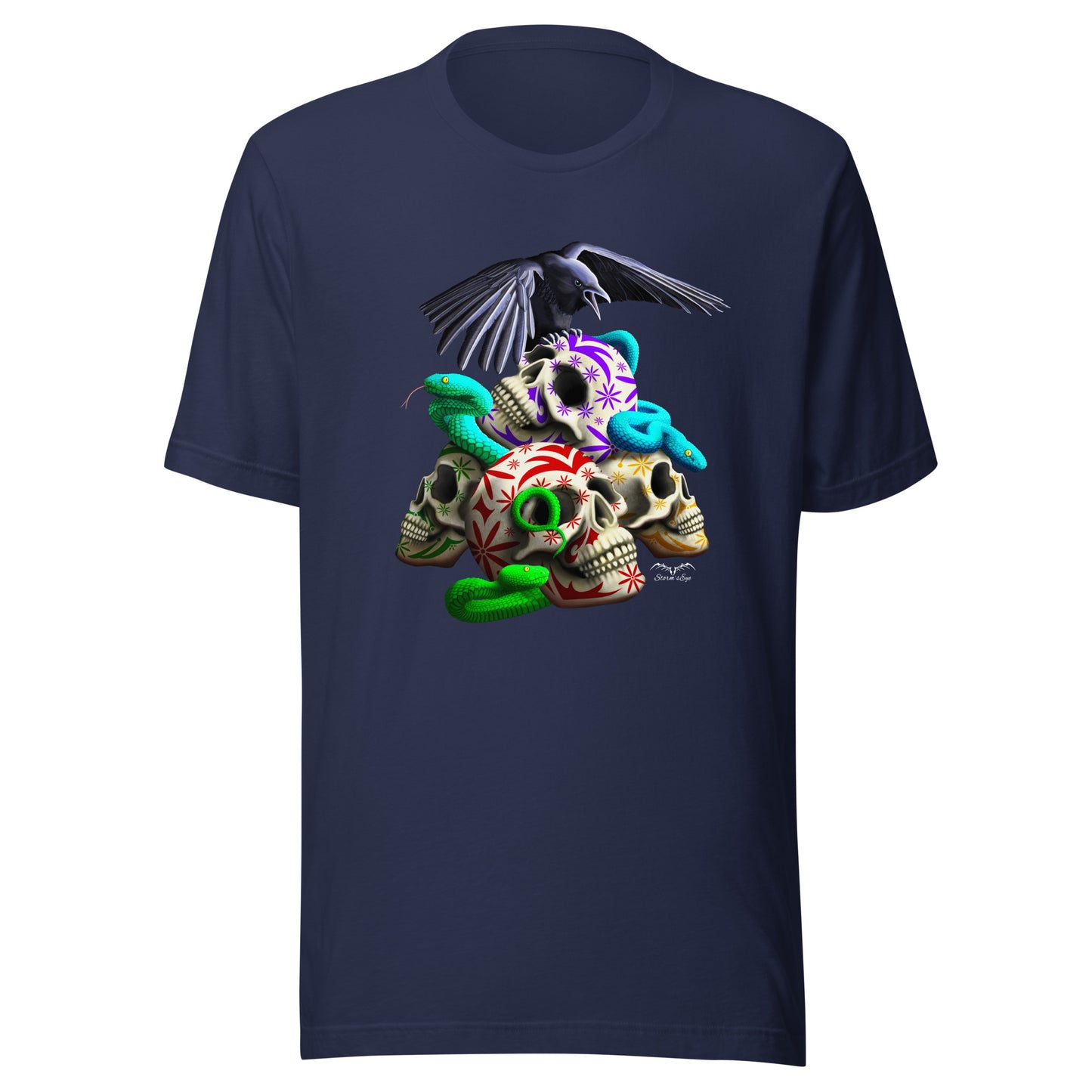 stormseye design gothic sugar skulls and snakes T shirt flat view navy blue