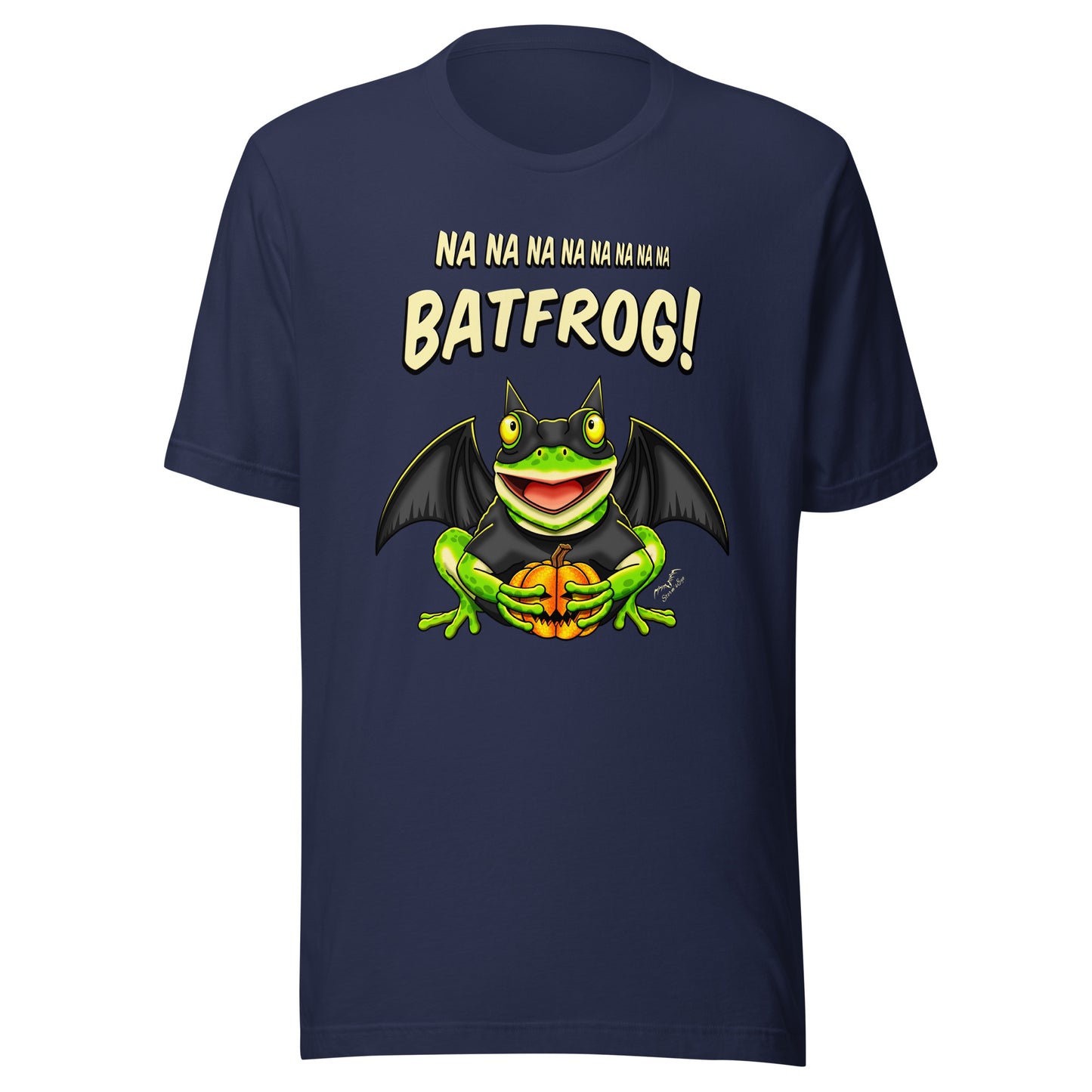 stormseye design funny bat frog halloween T shirt flat view navy blue