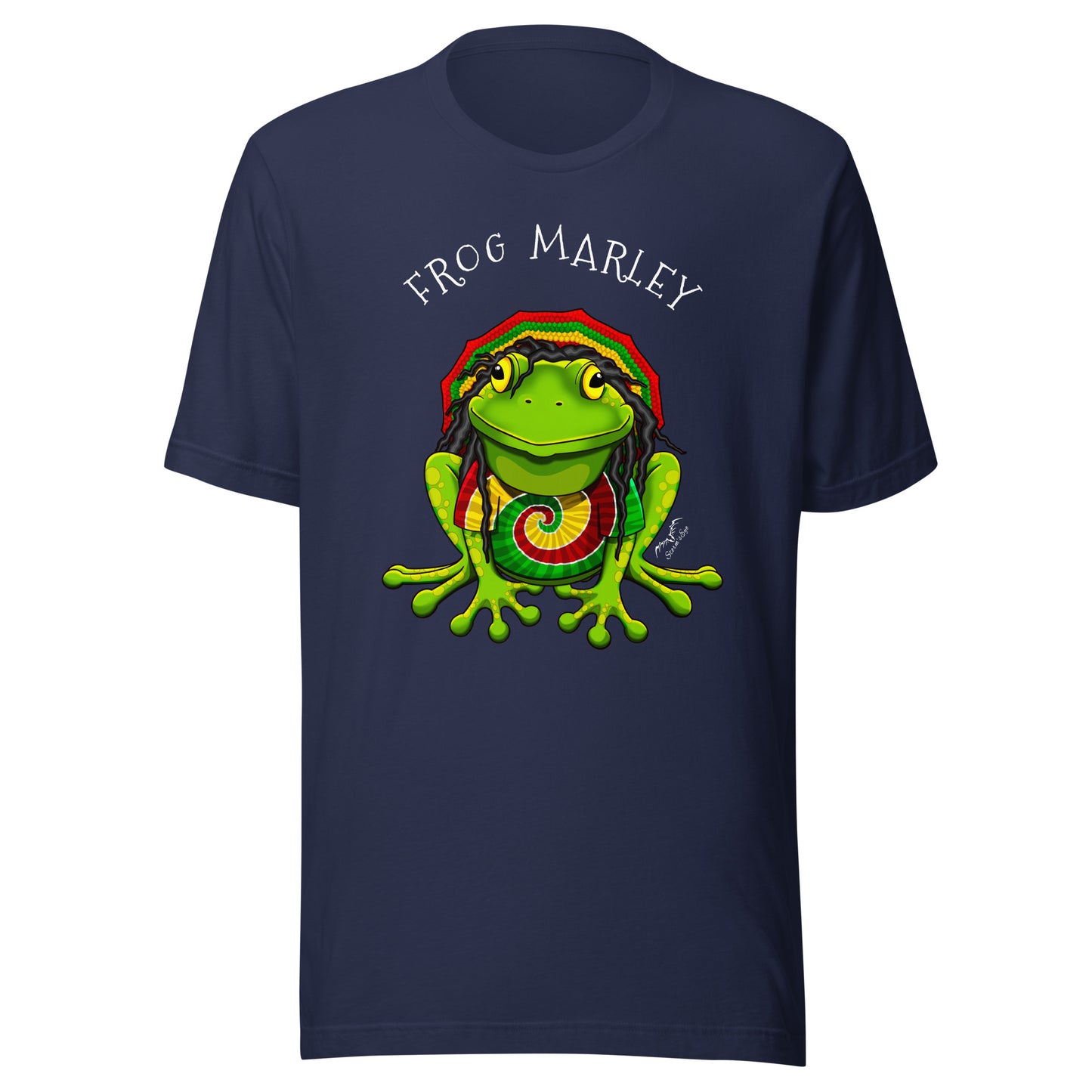 stormseye design frog marley reggae T shirt, flat view navy blue