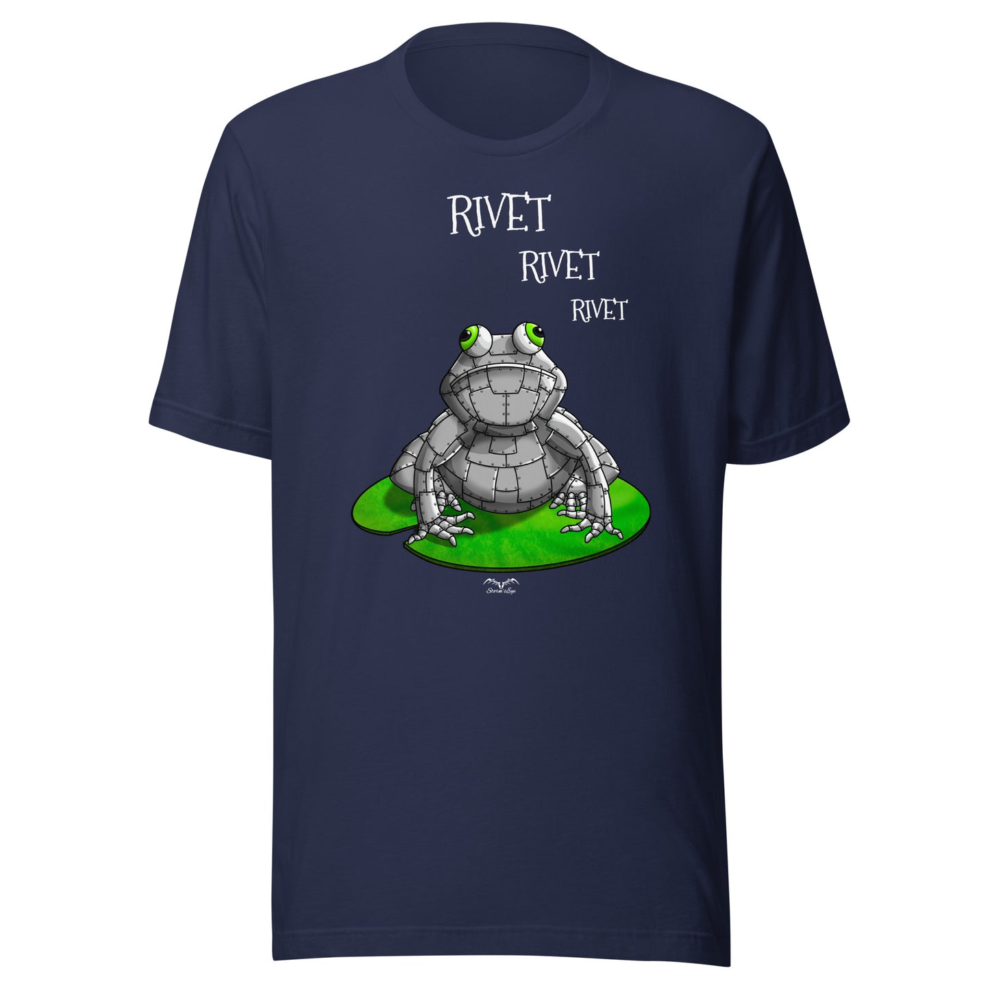 stormseye design metal frog T shirt, flat view navy blue