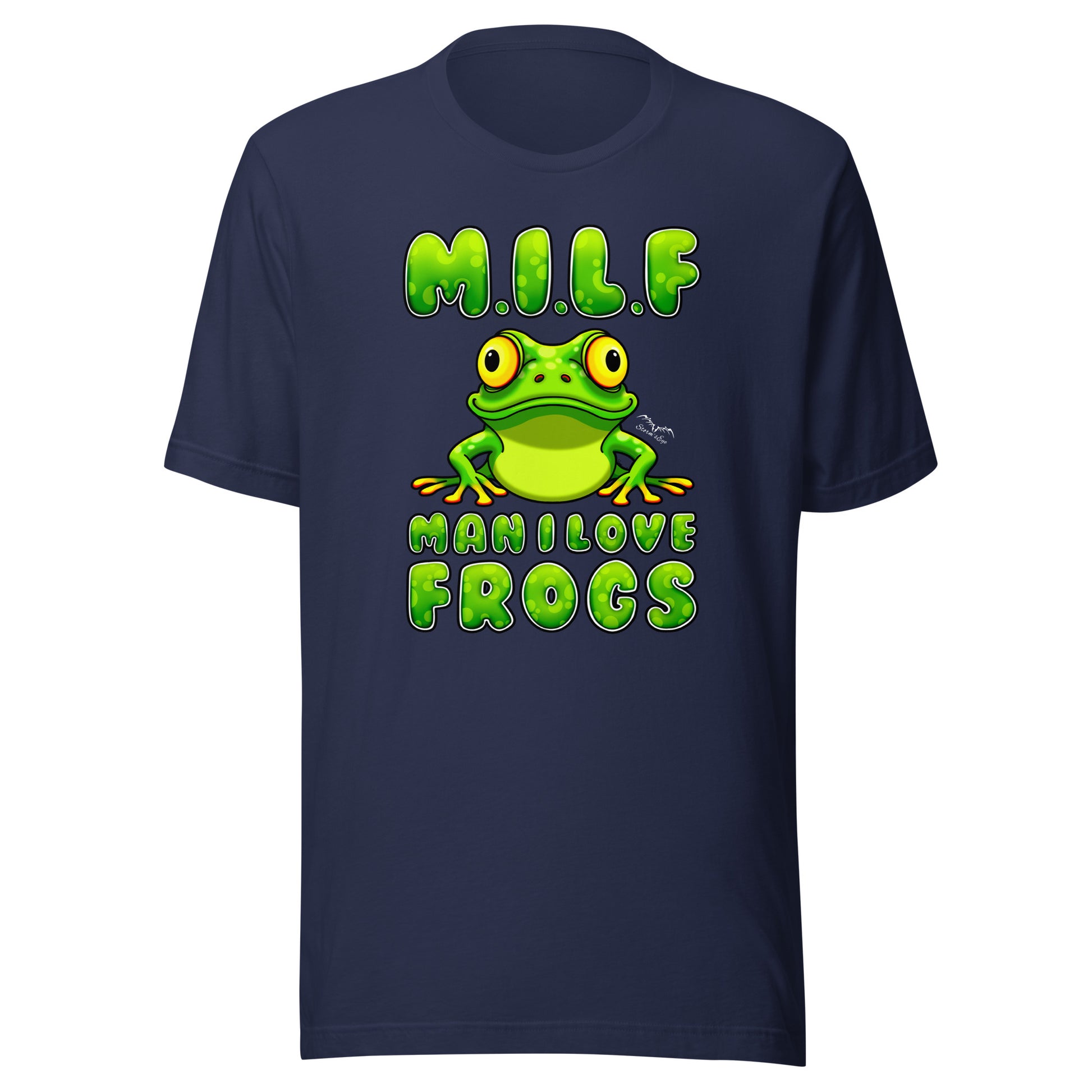 stormseye design milf man i love frogs T shirt, flat view navy blue