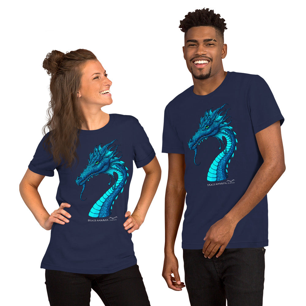 stormseye design amarosa dragon T shirt, modelled view navy blue