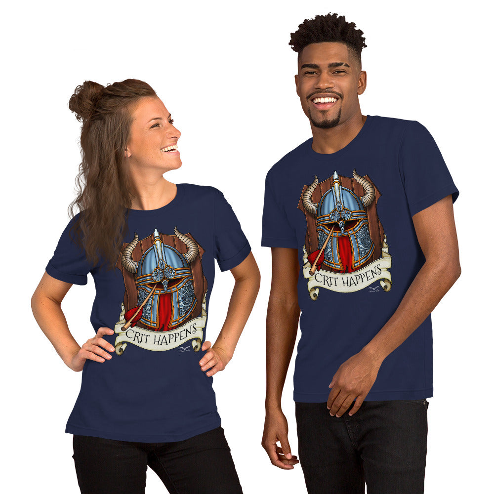 Crit Happens DnD T-shirt by Stormseye. navy blue, modelled view