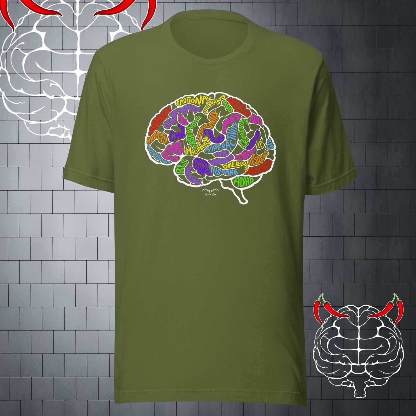 adhd brain symptoms t-shirt olive green by stormseye design