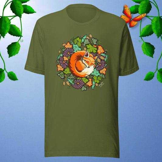 cute sleeping fox T-shirt, olive green by Stormseye Design