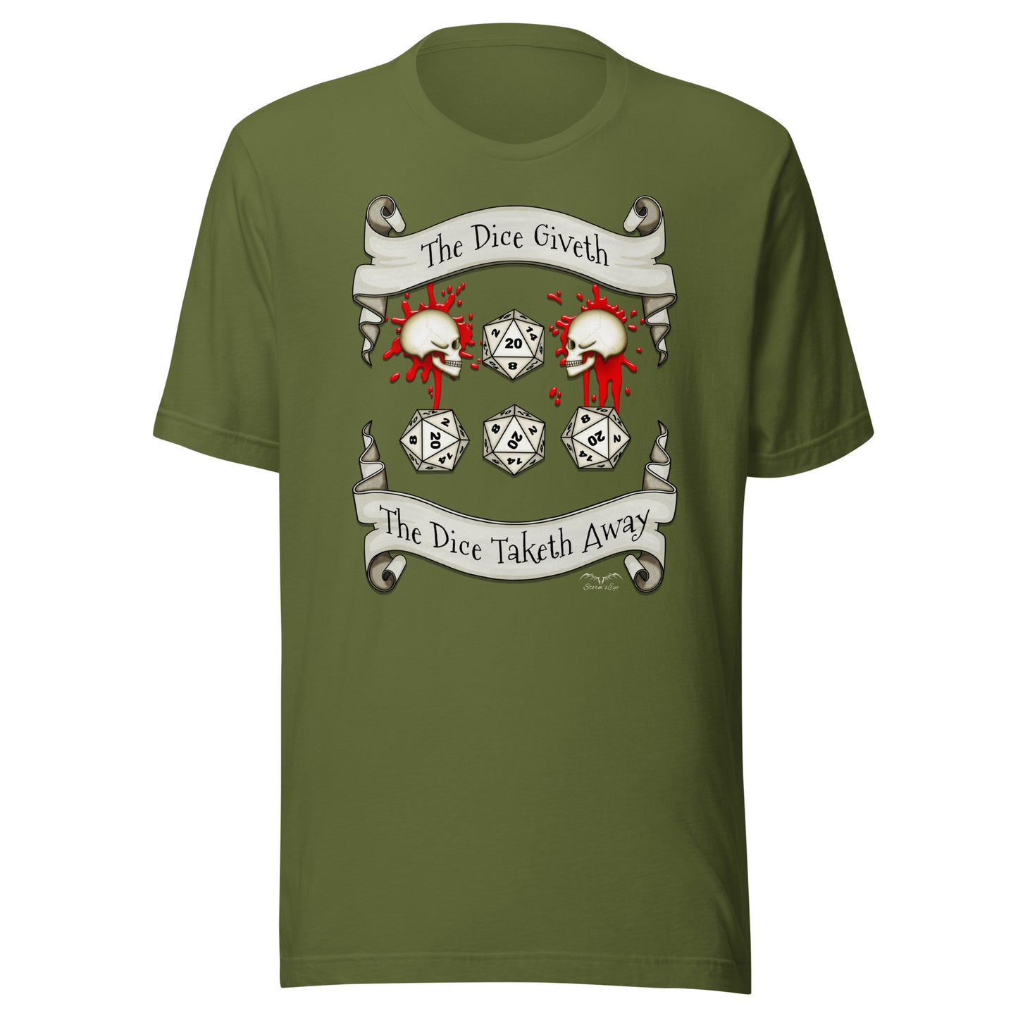 Dungeons and dragons D20 dice roll t-shirt olive green by stormseye design
