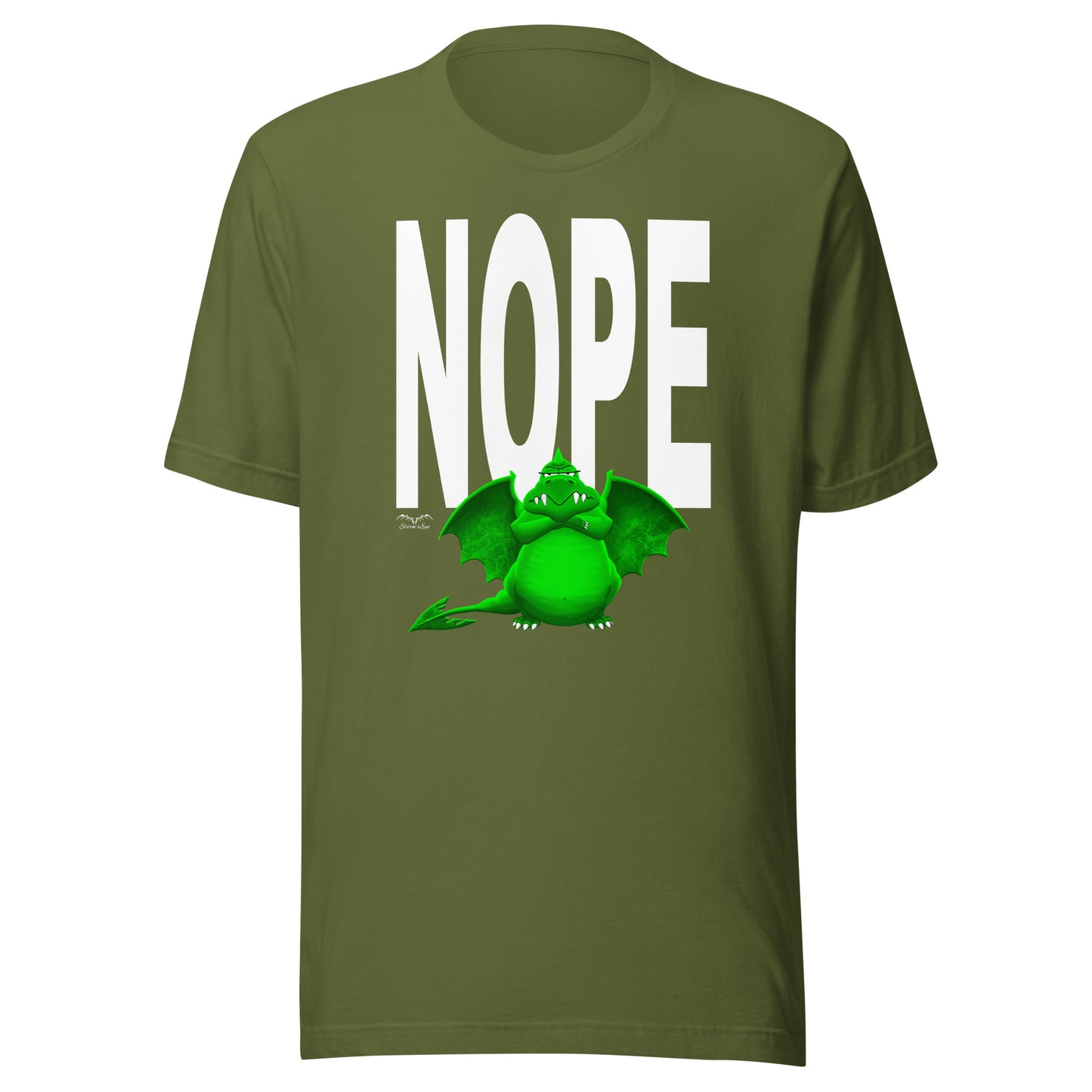 nope dragon bouncer t-shirt, olive green, by Stormseye Design