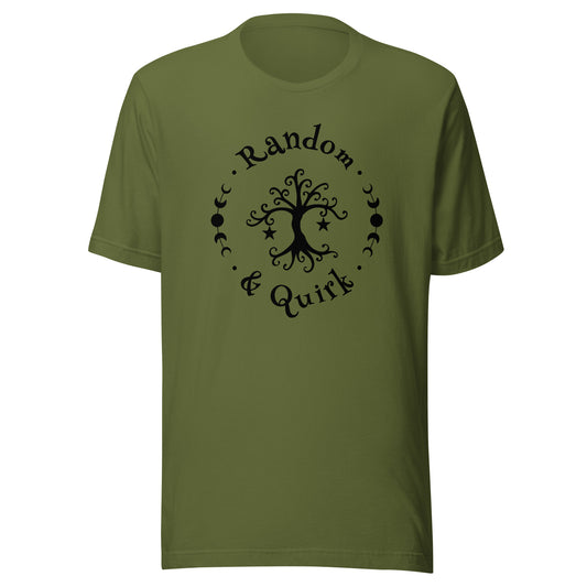 Commissions - random and quirk logo T shirt, black logo, olive green