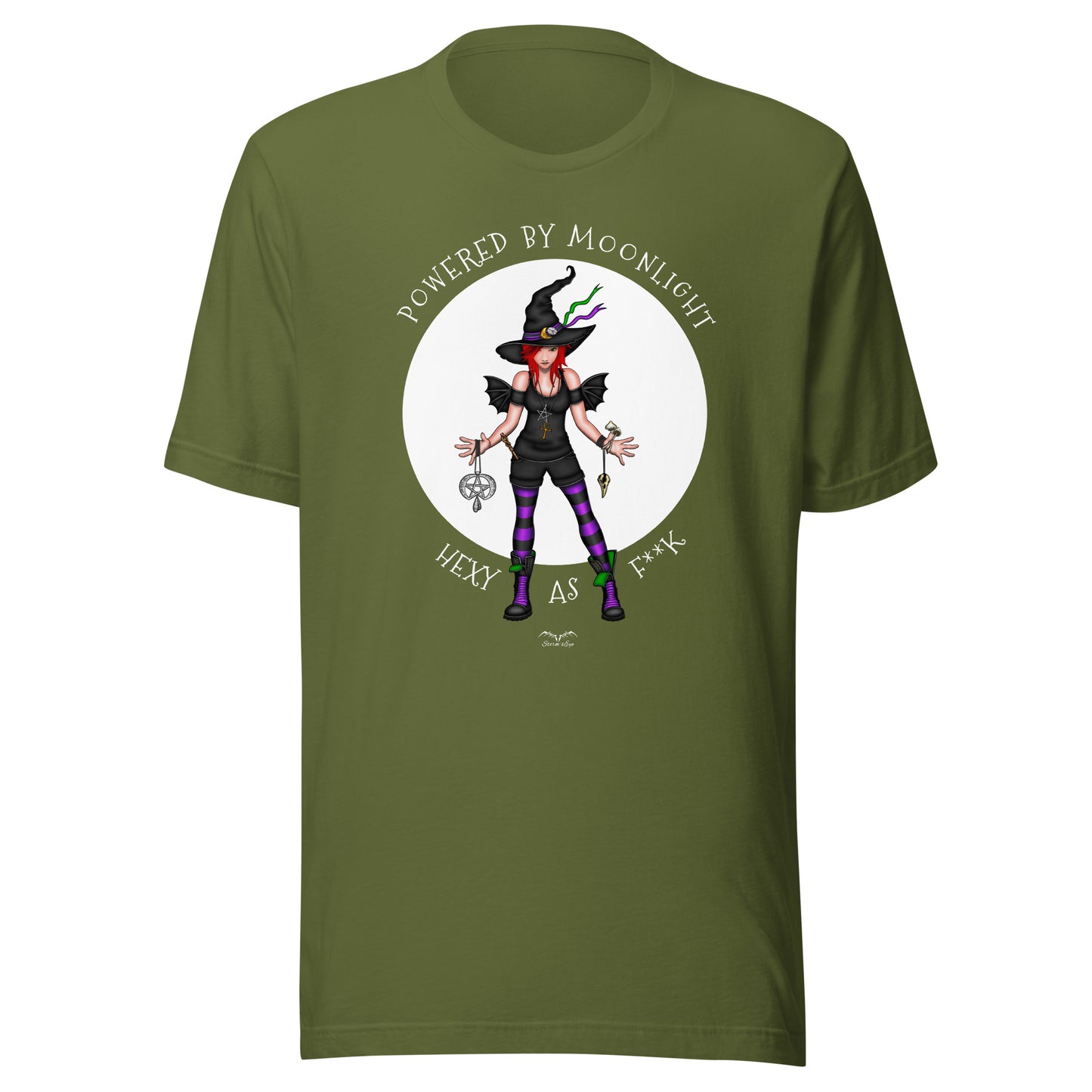 stormseye design hexy witch witchcraft T shirt, flat view olive green