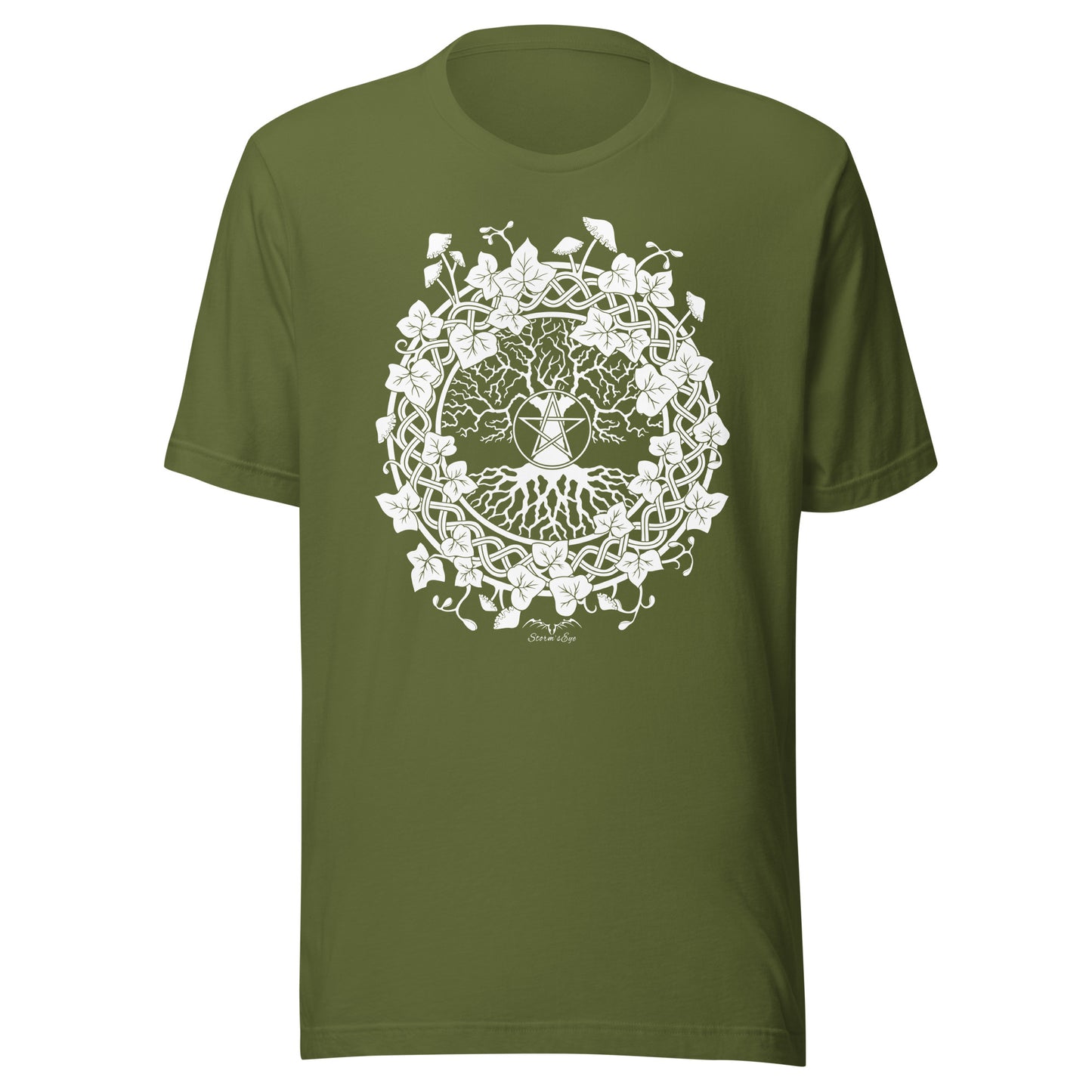 stormseye design pagan tree of life t-shirt flat view olive green