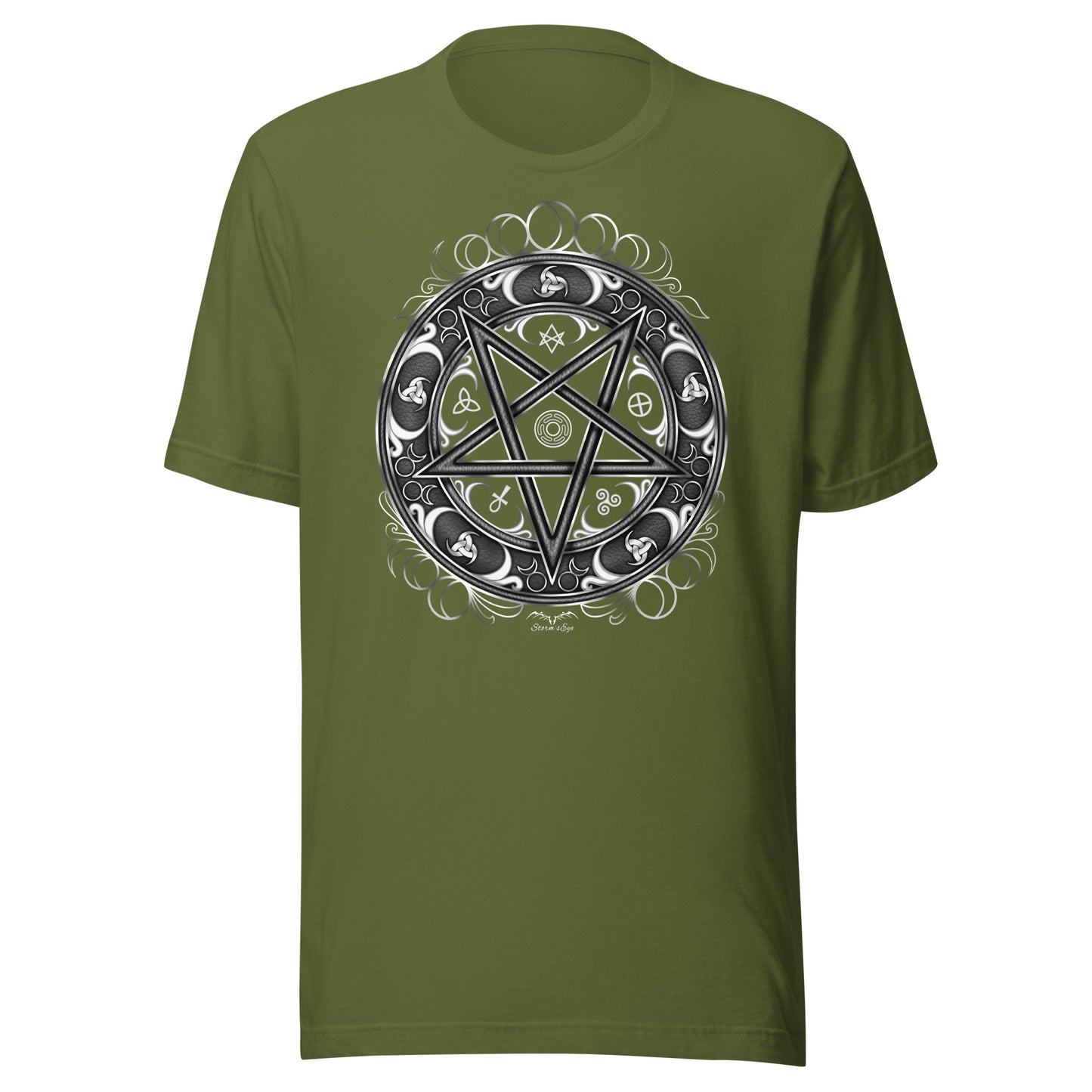 stormseye design witchy occult wheel T shirt, flat view olive green