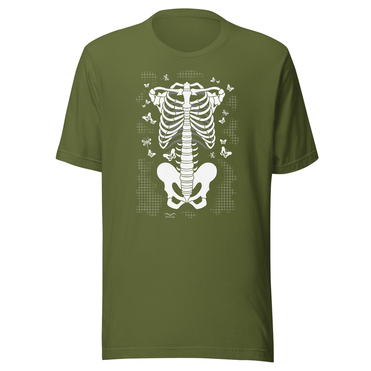 stormseye design skeleton torso gothic T shirt, flat view olive green