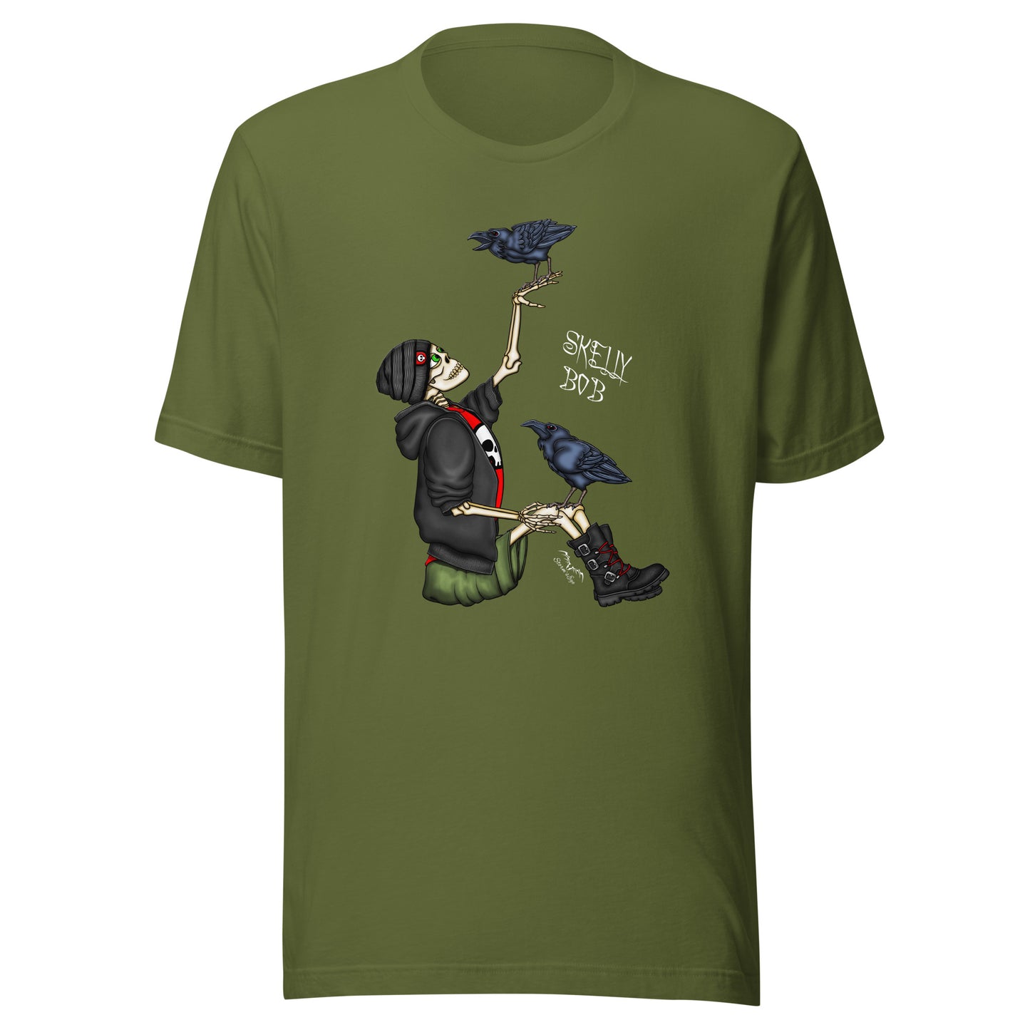 stormseye design rocker skeleton gothic T shirt, flat view olive green
