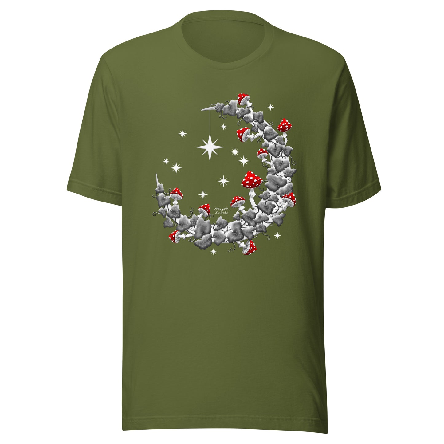 stormseye design mushroom moon BW T-shirt, flat view olive green