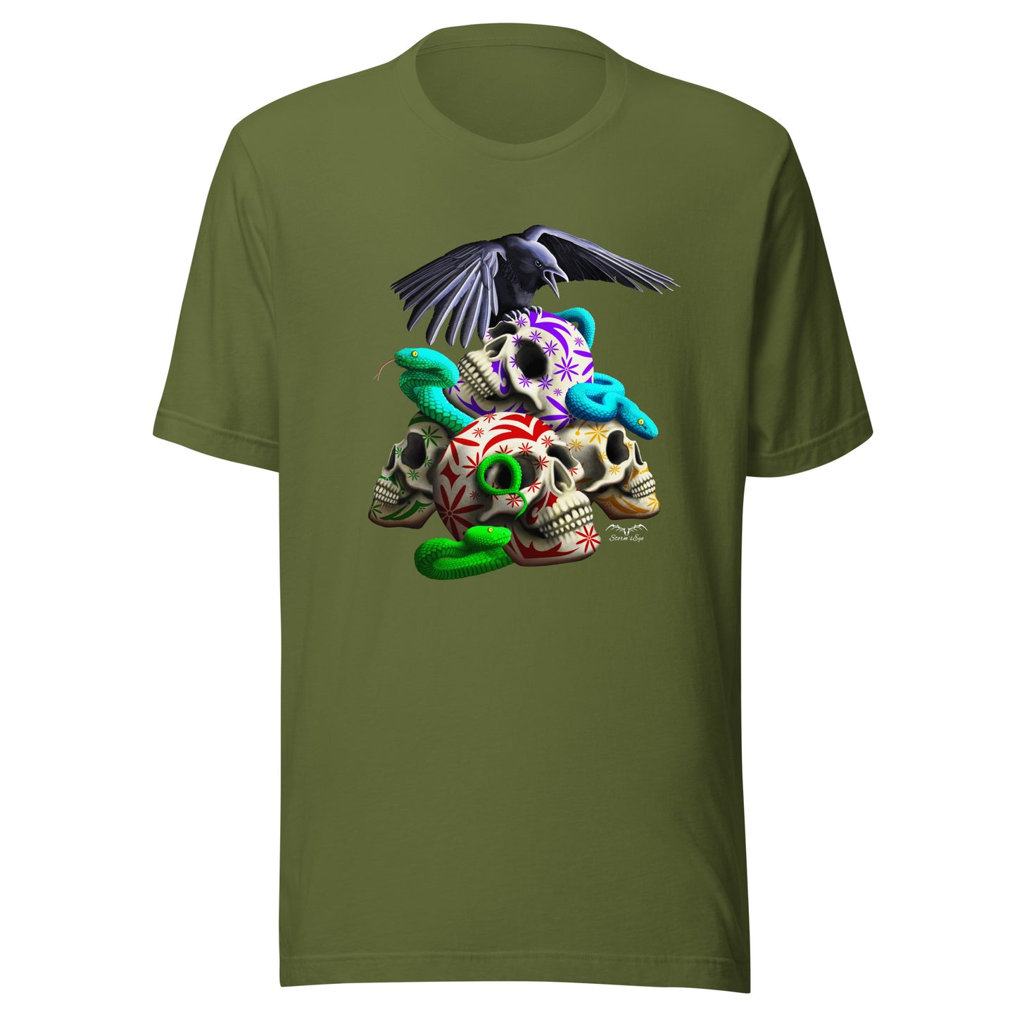 stormseye design gothic sugar skulls and snakes T shirt flat view olive green