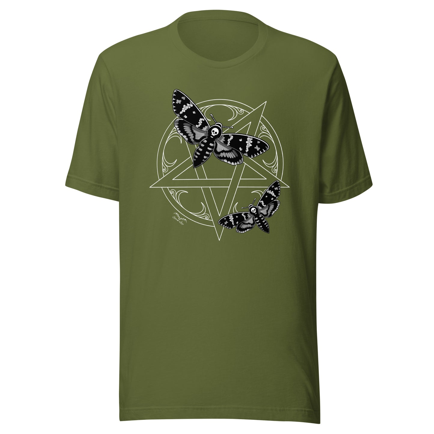 stormseye design deaths head moths pentagram T shirt flat view olive green
