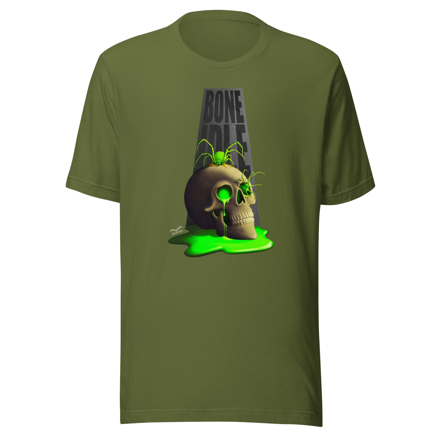 stormseye design bone idle skull and spiders T shirt flat view olive green