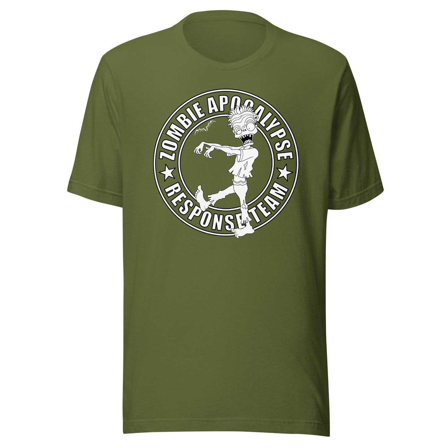 stormseye design zombie apocalypse T shirt, flat view olive green