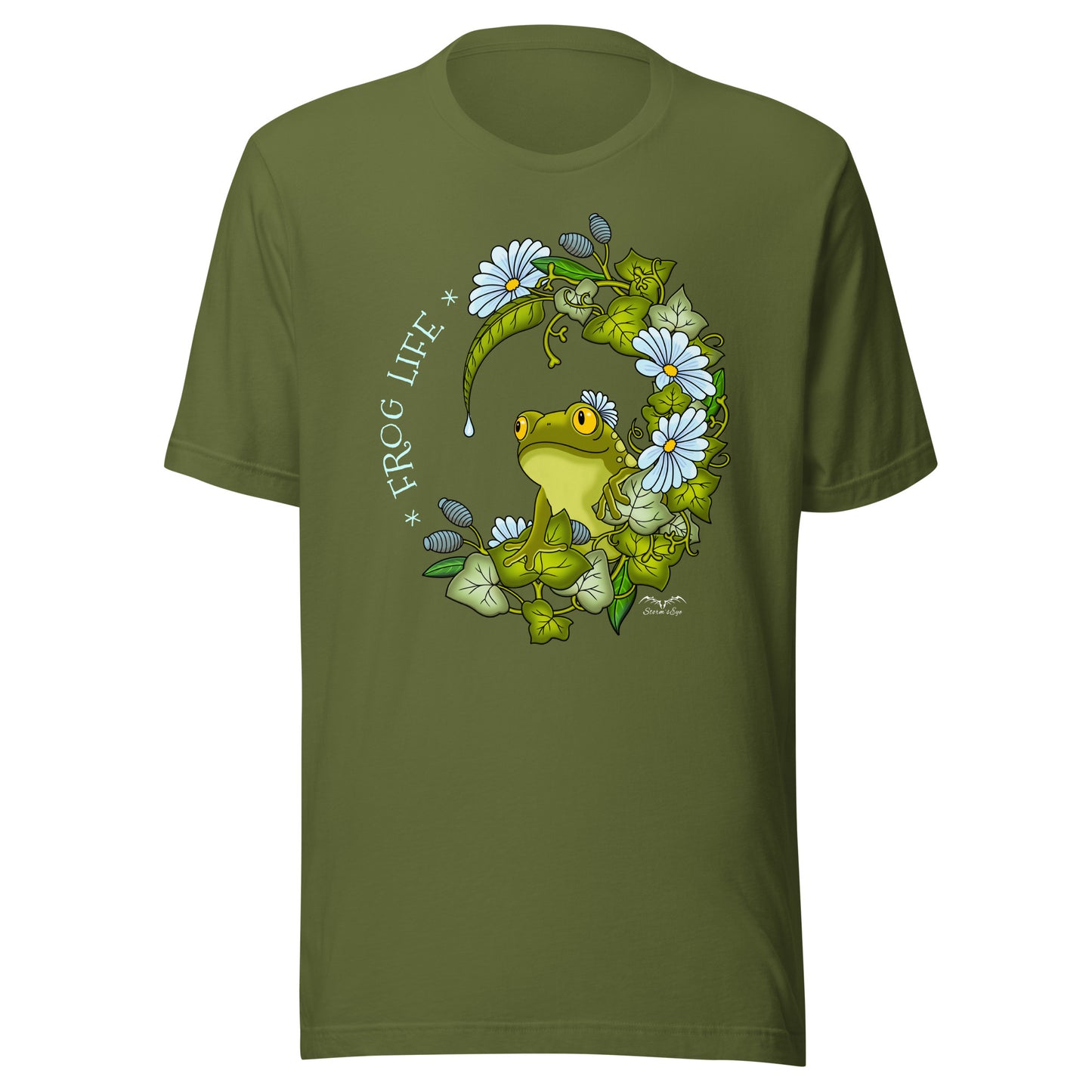 stormseye design frog life T shirt, flat view olive green