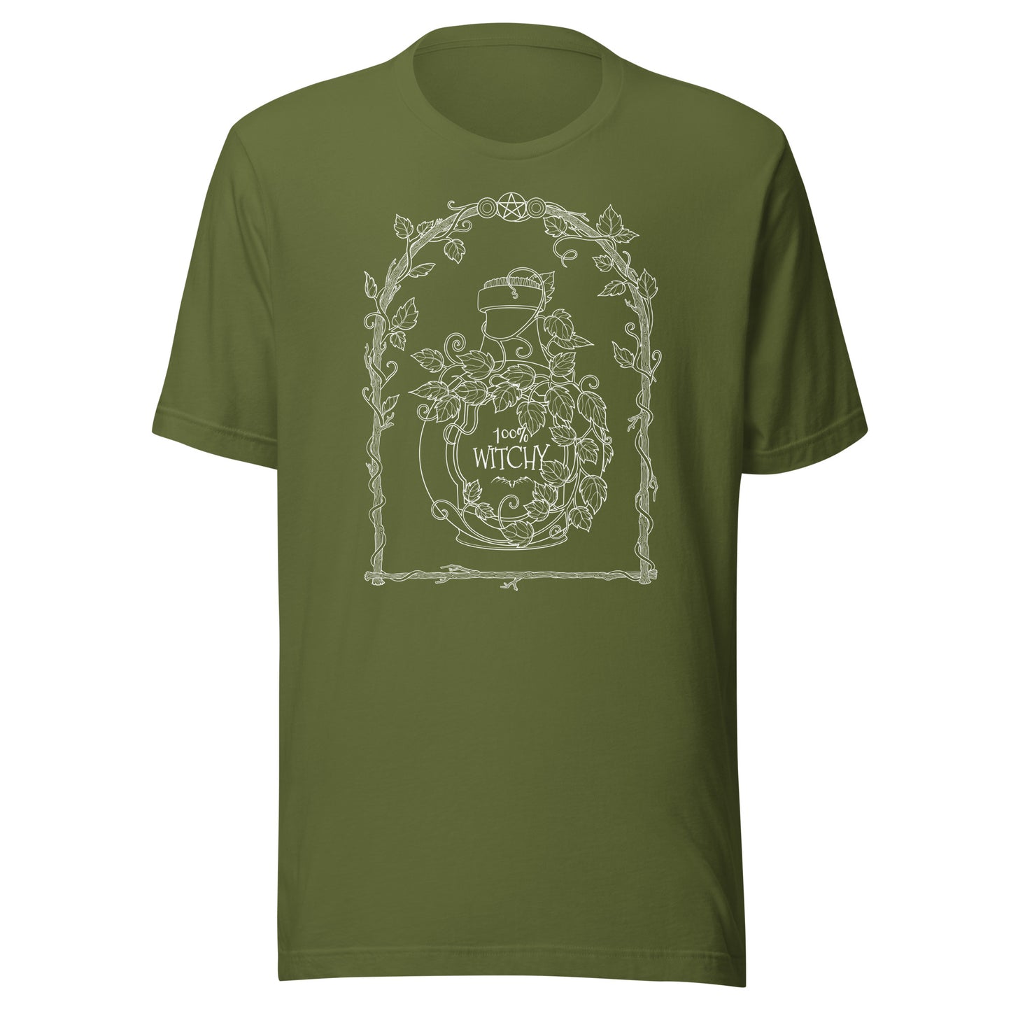 stormseye design 100% witchy witchcraft T shirt, flat view olive green