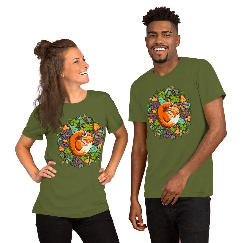 Sleeping Fox t-shirt by Stormseye, olive green, modelled view