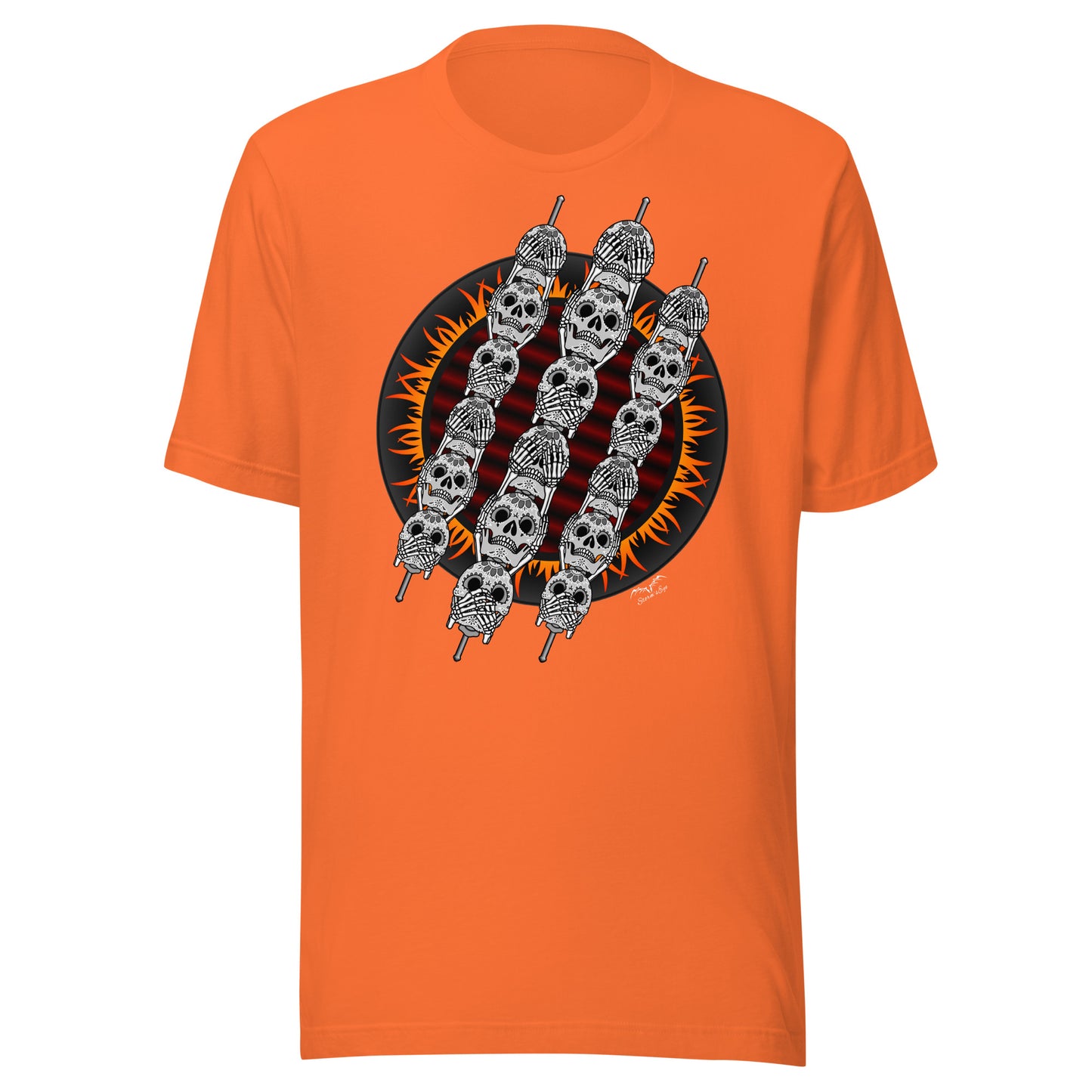 stormseye design skewer skulls gothic BBQ T shirt, modelled view bright orange
