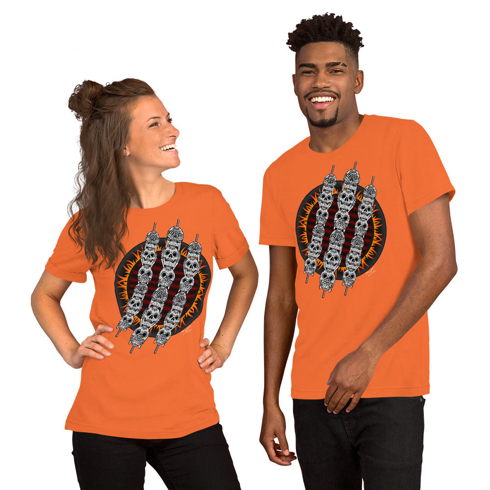 stormseye design skewer skulls gothic BBQ T shirt, modelled view bright orange