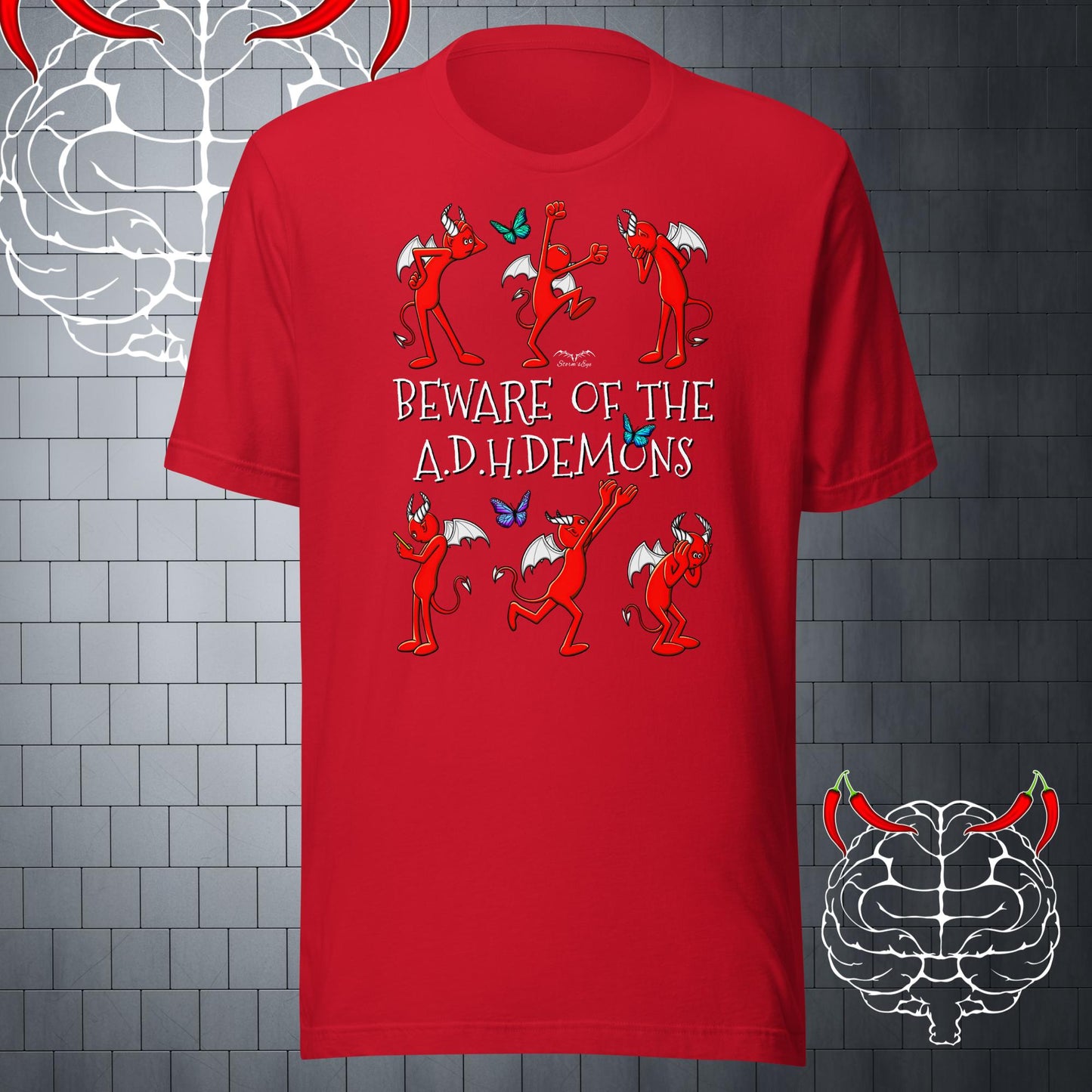funny adhd demons t-shirt bright red by stormseye design