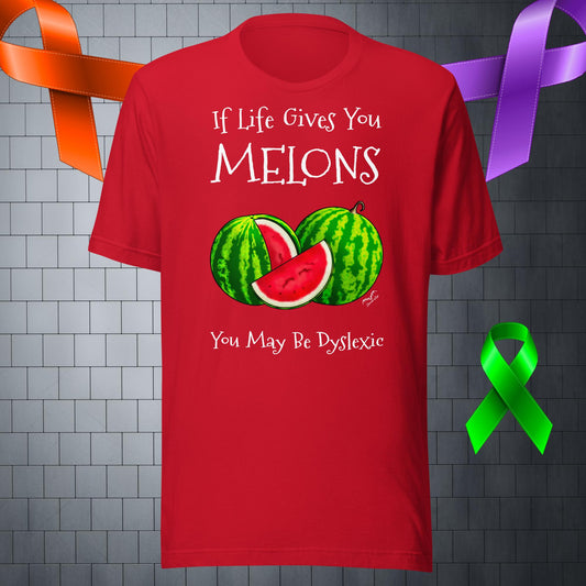 funny melons dyslexia t-shirt bright red by stormseye design