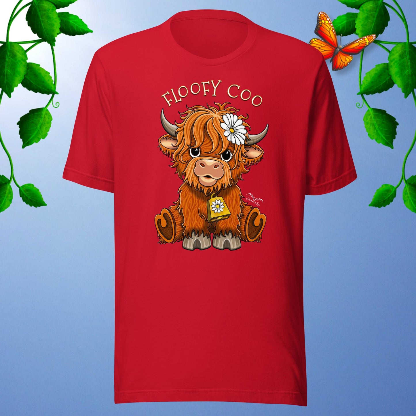 floofy coo highland cow T-shirt, bright red by Stormseye Design