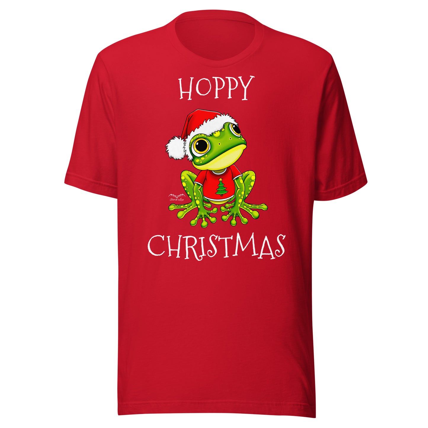 stormseye design hoppy christmas santa frog T shirt, flat view bright red