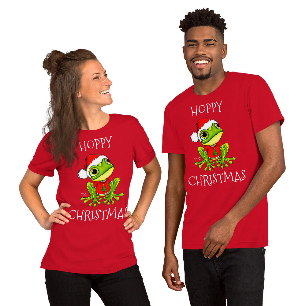 stormseye design hoppy christmas santa frog T shirt, modelled view bright red