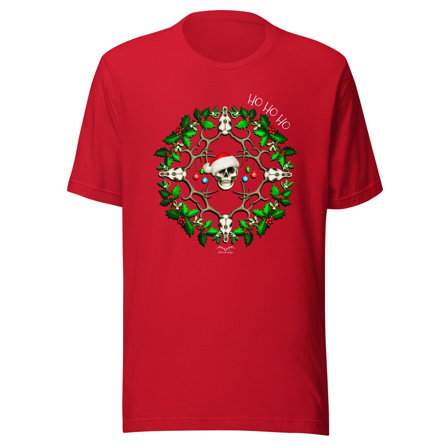 stormseye design festive skulls christmas T shirt flat view red