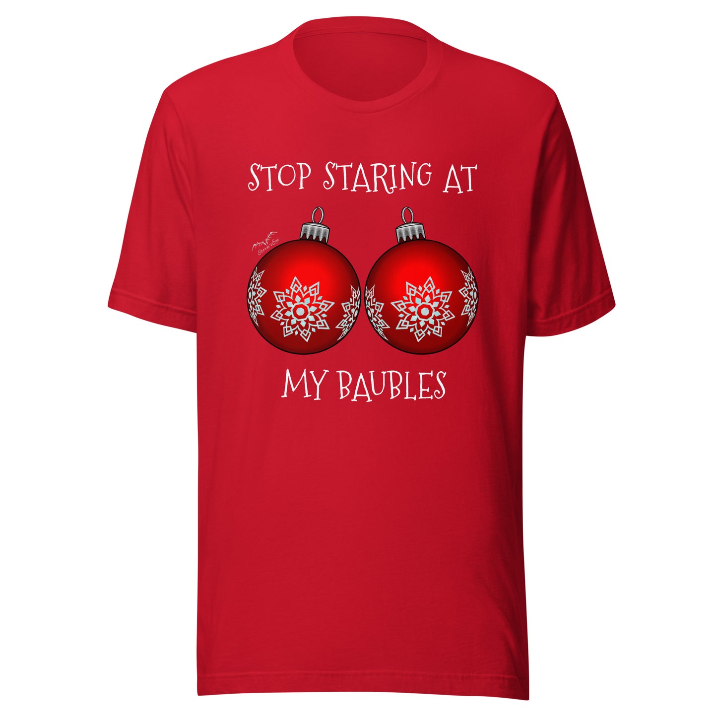 stormseye design stop staring baubles christmas T shirt, flat view bright red