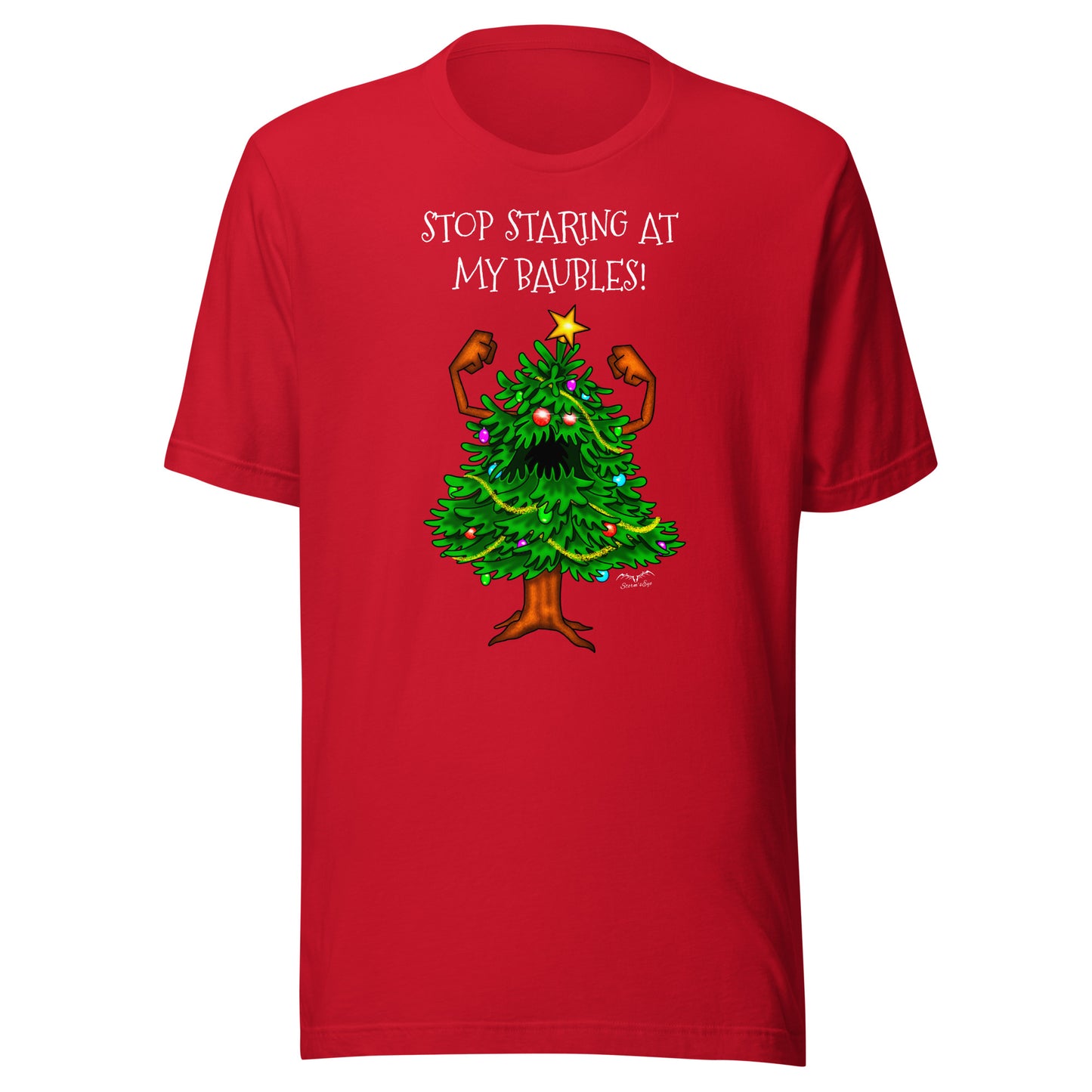 stormseye design angry christmas tree baubles T shirt, flat view bright red