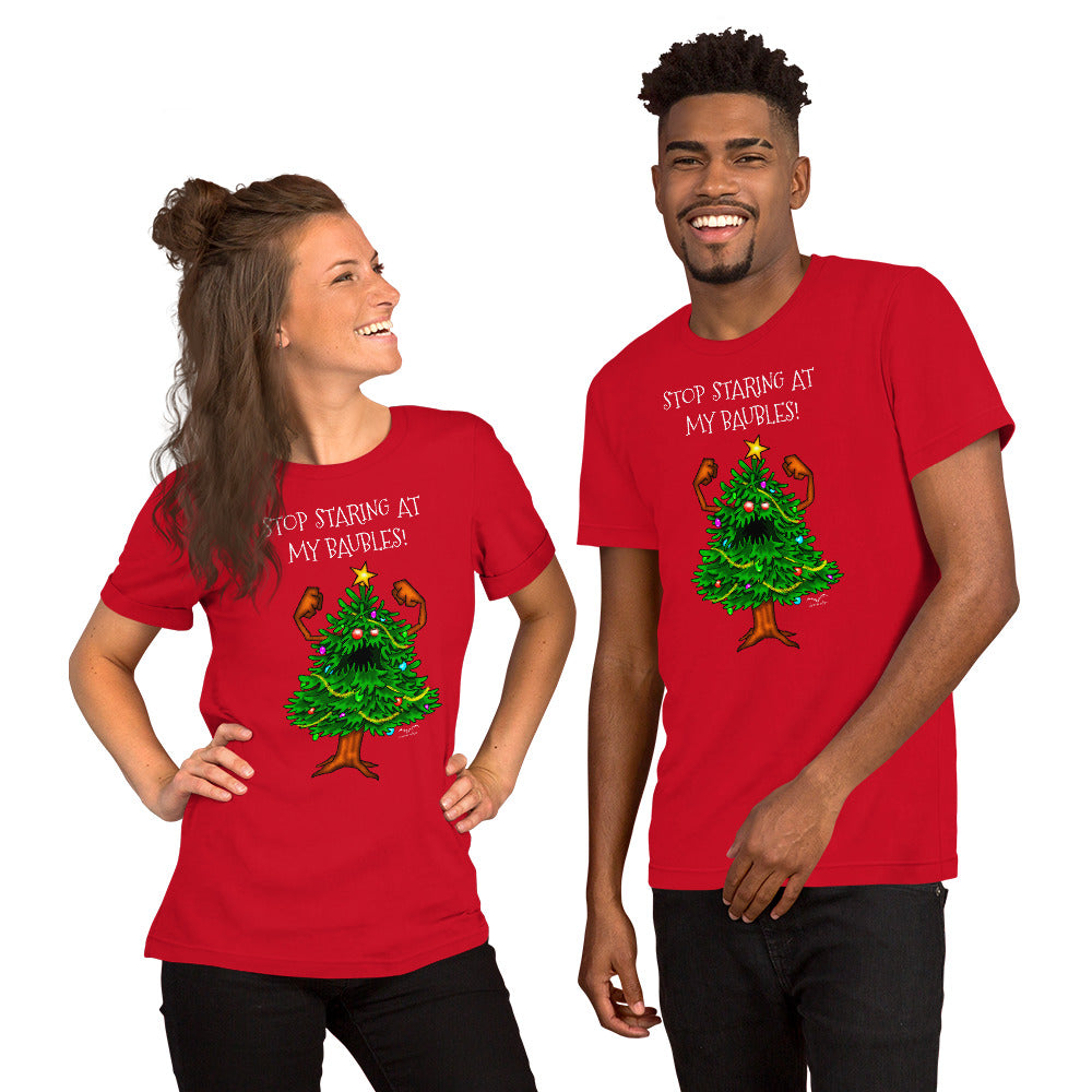 stormseye design angry christmas tree baubles T shirt, modelled view bright red