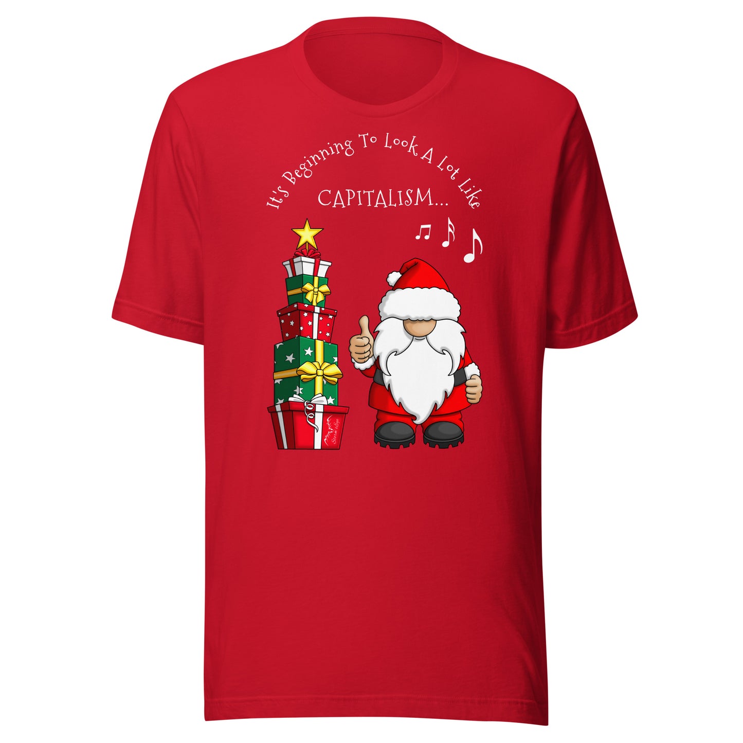 stormseye design festive capitalism christmas T shirt, flat view bright red