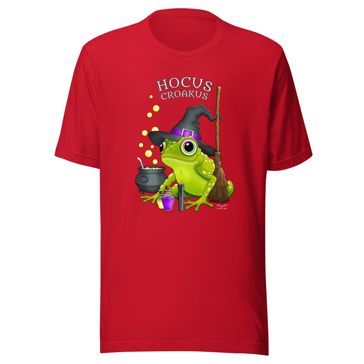 stormseye design witch frog hocus croakus T shirt, flat view red
