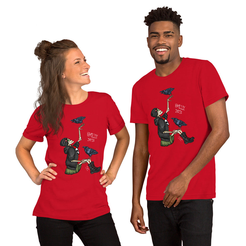 stormseye design rocker skeleton gothic T shirt, modelled view red