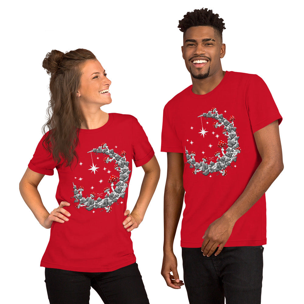 stormseye design mushroom moon BW T-shirt, modelled view red