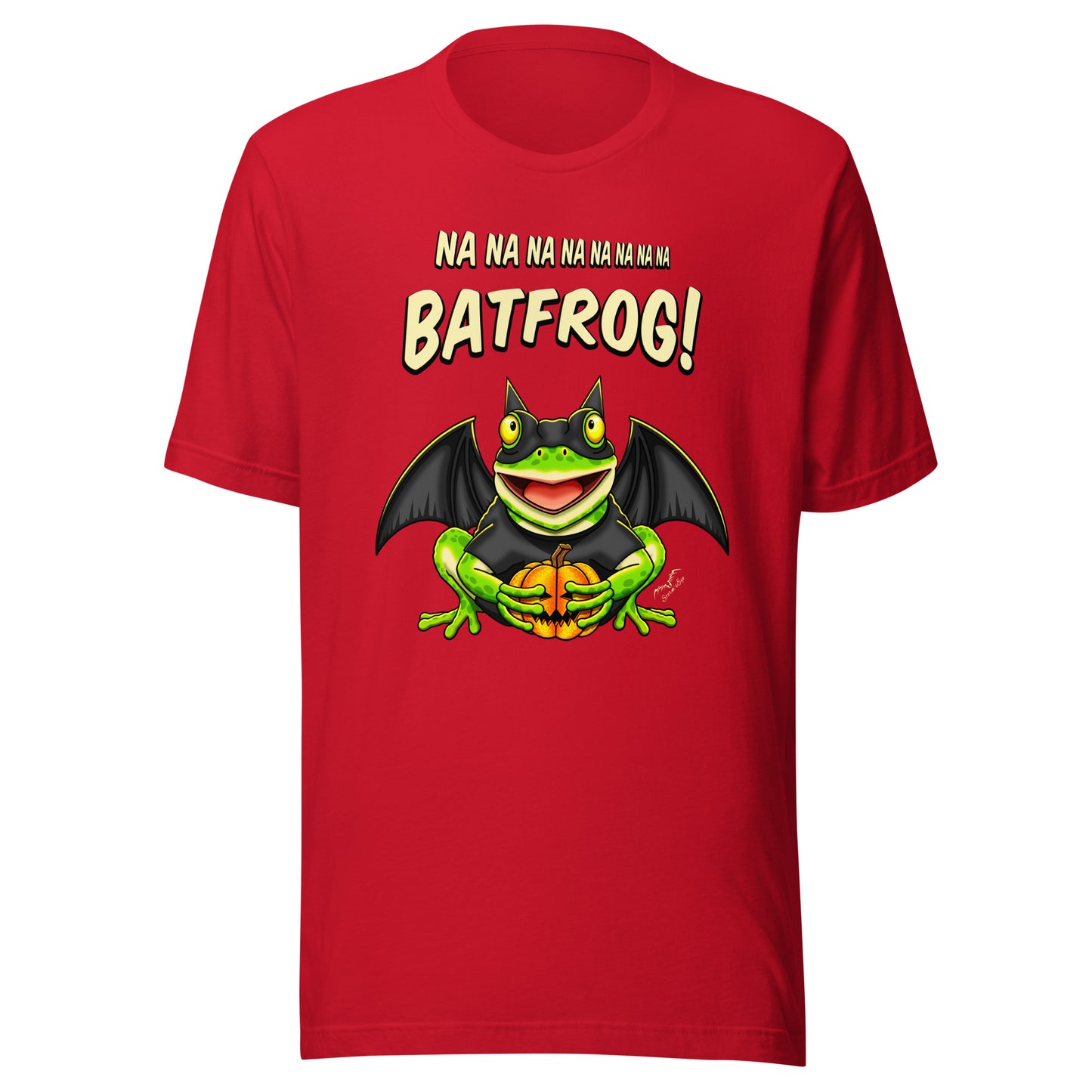 stormseye design funny bat frog halloween T shirt flat view red