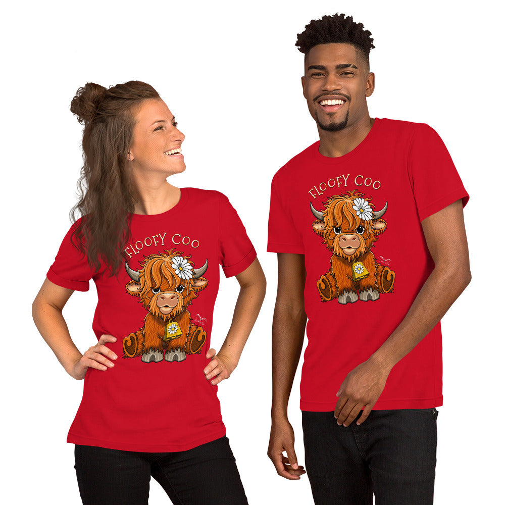 Floofy coo highland cow shirt by stormseye design, bright red, modelled view