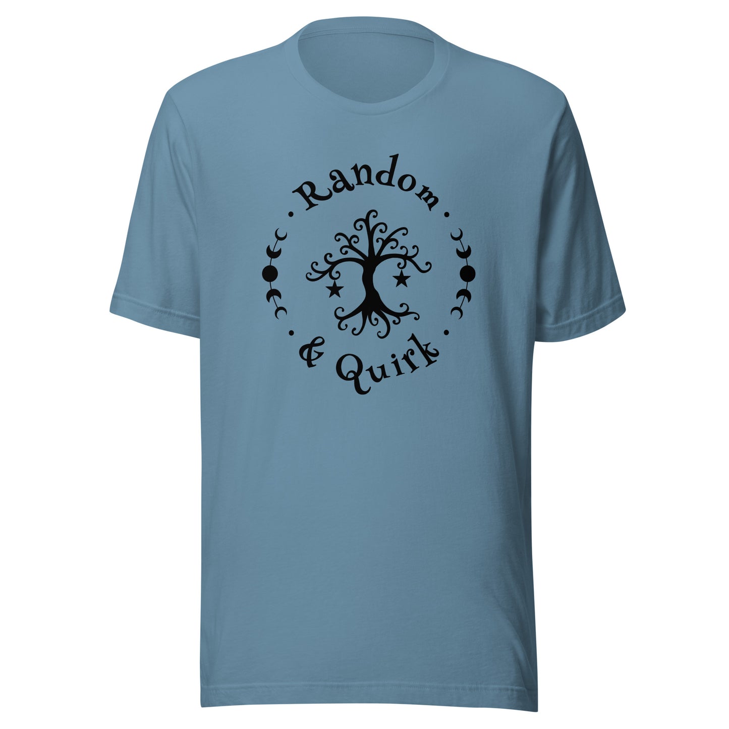 Commissions - random and quirk logo T shirt, black logo, steel blue