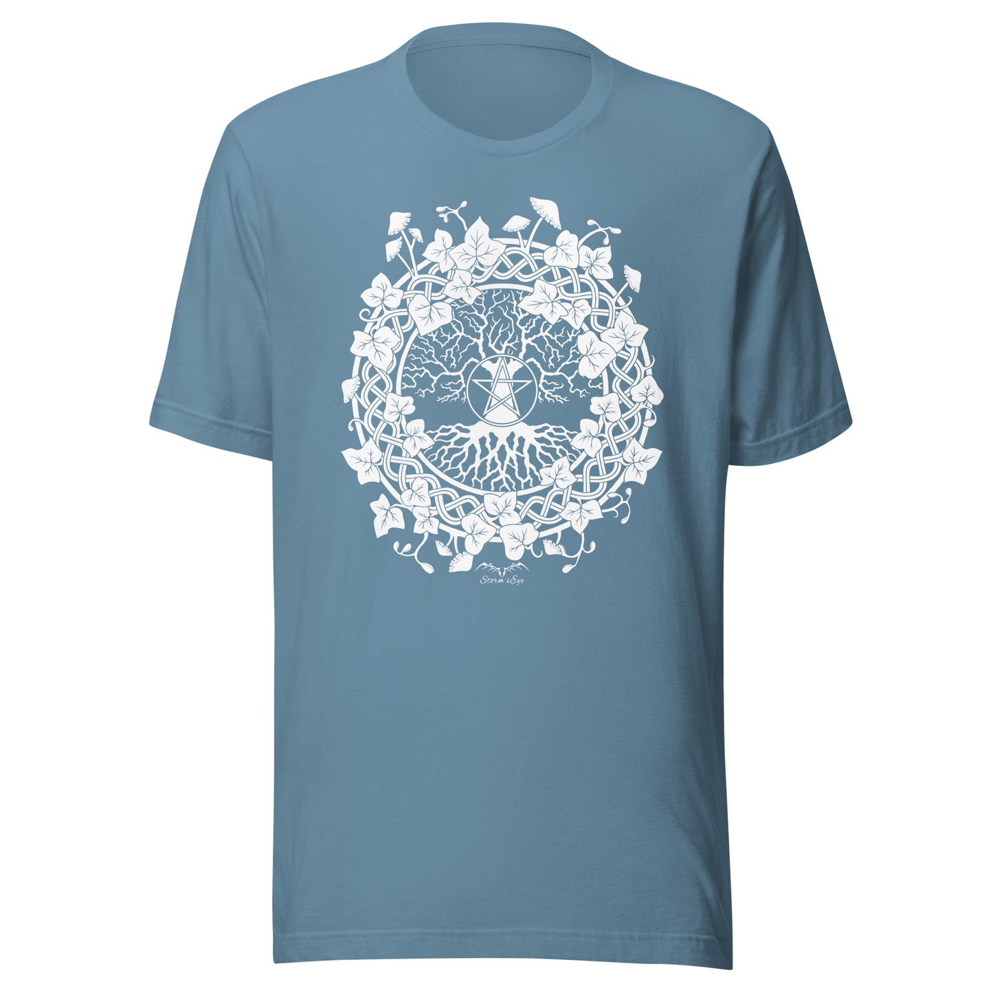 stormseye design pagan tree of life t-shirt flat view light blue