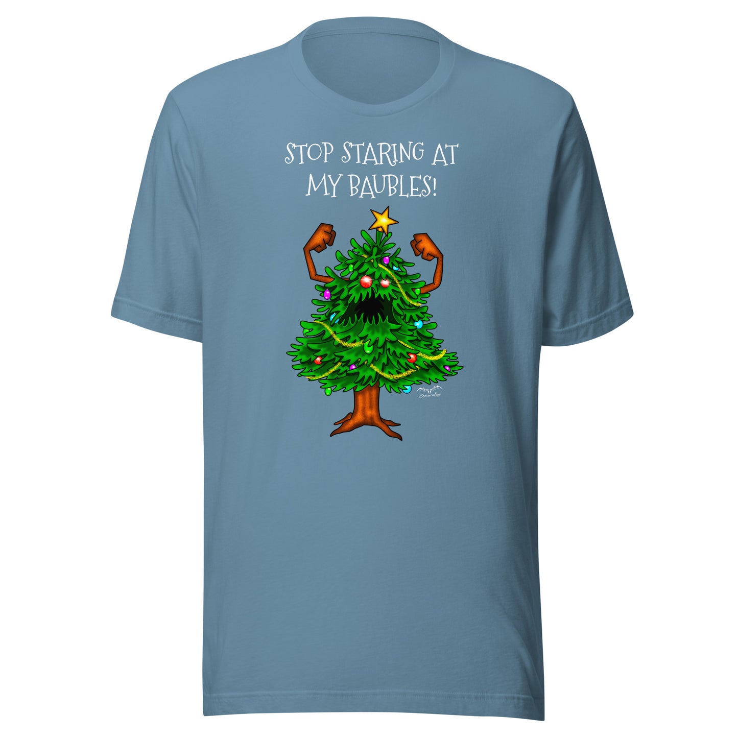 stormseye design angry christmas tree baubles T shirt, flat view light blue