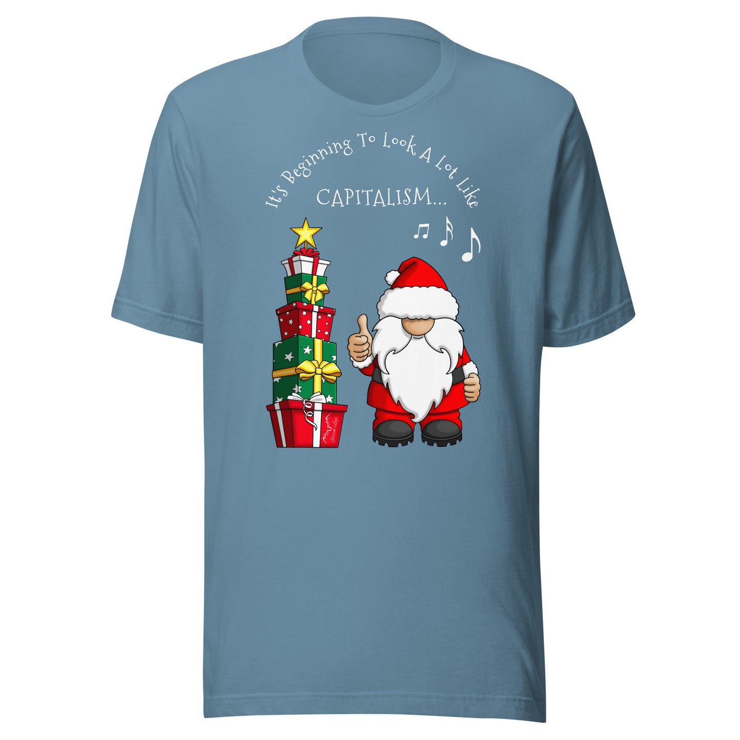 stormseye design festive capitalism christmas T shirt, flat view light blue